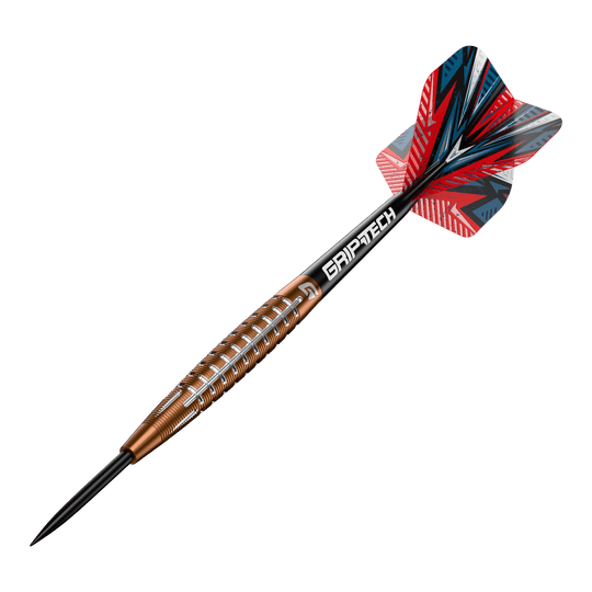 Lotki GOAT Quarterback V1 ze stali wolframowej Das Bild zeigt einen GOAT Quarterback V1 Tungsten Steeldart. Der Dartpfeil hat ein auffälliges Design mit einer rot-blauen Flight und einem goldenen Griff mit silbernen Rillen.