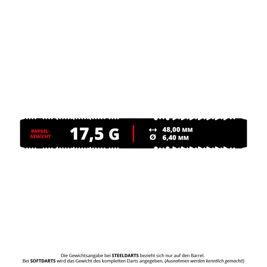 Target Japan Black Marque Reyn GEN2 Soft Darts - 17,5 g Das Bild zeigt die Produktspezifikationen der Target Japan Black Marque Reyn GEN2 Softdarts mit einem Gewicht von 17,5 Gramm. Die Barrel-Länge beträgt 48,00 mm und der Durchmesser 6,40 mm.