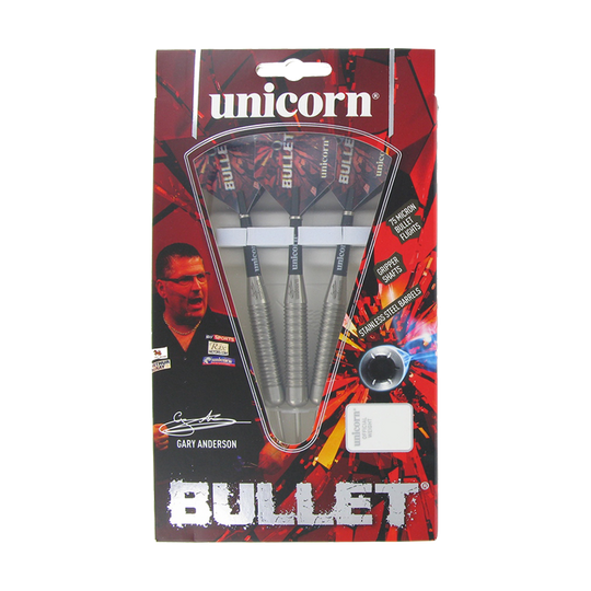 Auf dem Bild ist eine Verpackung der "Unicorn Bullet Gary Anderson Steeldarts - 22g" zu sehen. Die Packung enthält drei Steeldarts und ist in einem auffälligen roten Design gestaltet.