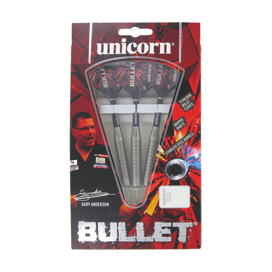 27520_Unicorn_Bullet_Gary_Anderson_Steeldarts_3gFnTJYnn2VNaC Auf dem Bild ist eine Verpackung der "Unicorn Bullet Gary Anderson Steeldarts - 22g" zu sehen. Die Packung enthält drei Steeldarts und ist in einem auffälligen roten Design gestaltet.