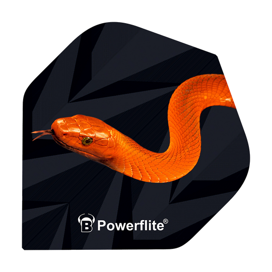 Das Bild zeigt ein schwarzes Dartflight mit einem auffälligen orangefarbenen Mamba-Schlangenmuster. Unten steht der Schriftzug "Powerflite".