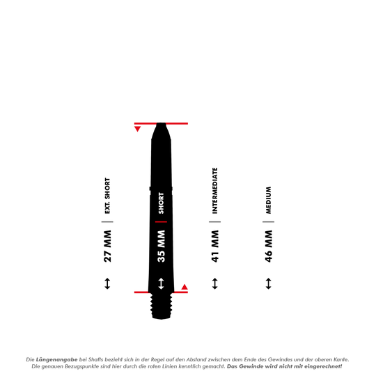 Das Bild zeigt verschiedene Längen der Winmau Pro-Force Shafts in Schwarz. Die Längen sind 27 mm (Extra Short), 35 mm (Short), 41 mm (Intermediate) und 46 mm (Medium).