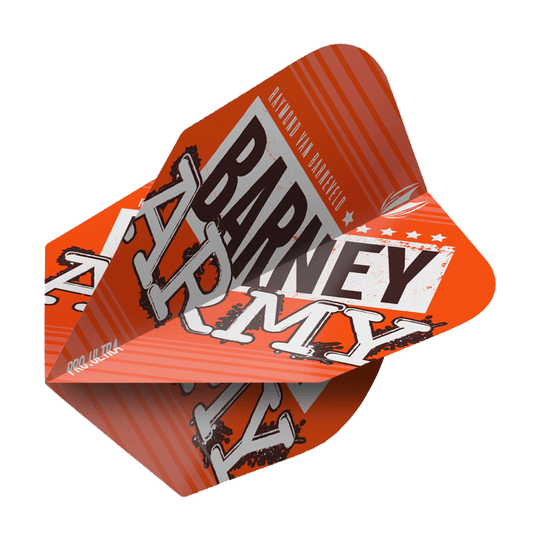 TG64_334310_Target_ProUltra_Barney_Army_Orange_Ten-X_Flights_2 Das Bild zeigt ein orangefarbenes Dart-Flight mit der Aufschrift "Barney Army". Das Design ist auffällig und enthält weiße und schwarze Schriftzüge sowie grafische Elemente.