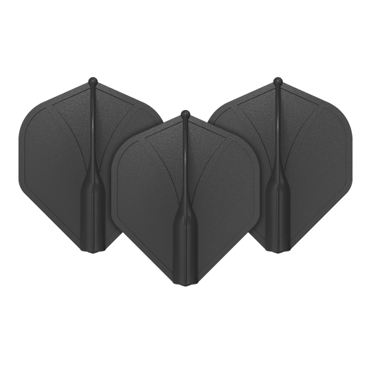 Loty standardowe nr 2 formowane metodą śrutowania Auf dem Bild sind drei schwarze Dart-Flights zu sehen. Sie stehen aufrecht nebeneinander und haben eine standardmäßige, geformte Flügelform.