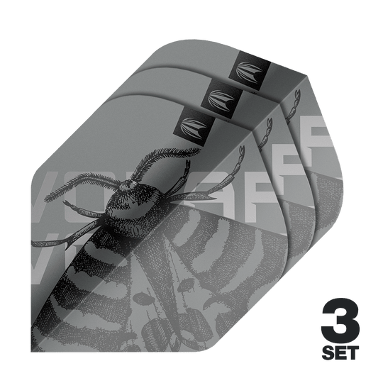 Target Pro Ultra Volar No2 Standard Flights - 3 serie Das Bild zeigt drei Sätze der Target Pro Ultra Volar No2 Standard Flights. Das Design ist grau mit einem detaillierten Insektenmotiv und der Aufschrift "3 SET".