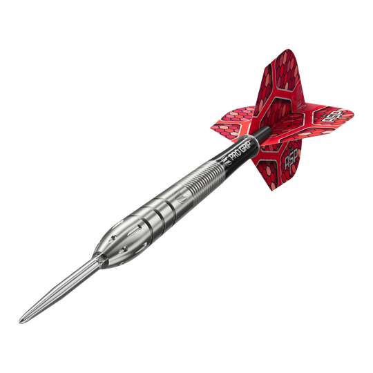 Stalowe lotki Target Nathan Aspinall GEN1 Swiss Point Auf dem Bild ist ein Target Nathan Aspinall GEN1 Swiss Point Steeldart zu sehen. Der Dartpfeil hat einen silbernen Schaft und rote Flights mit Wabenmuster.