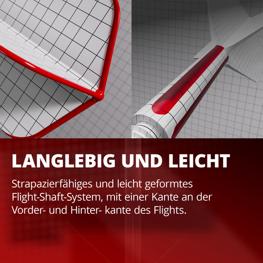 Target K-Flex Raymond Van Barneveld No2 Standardowy system wału napędowego Das Bild zeigt ein langlebiges und leichtes Flight-Shaft-System mit rotem Rand und Gittermuster. Es betont die strapazierfähige und leichte Bauweise mit speziellen Kanten am vorderen und hinteren Bereich des Flights.
