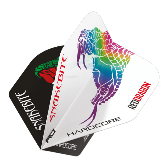 Red Dragon Peter Wright Ukąszenie Węża Czarno-Białe Yin Yang Standardowe Loty Das Bild zeigt die Red Dragon Peter Wright Snakebite Black White Yin Yang Standard Flights für Darts. Auf den Flights sind bunte Schlangenmotive und die Schriftzüge "Snakebite" und "Red Dragon" zu sehen.