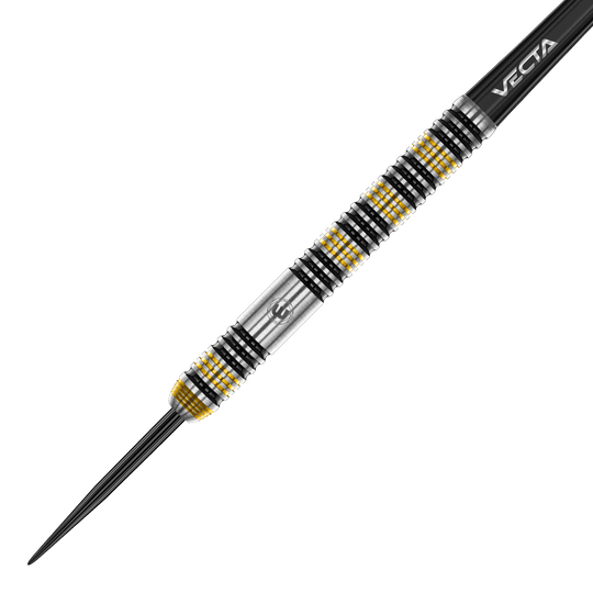Das ist der Winmau Team 360 Nicholai Bado Steeldarts - 23g. Die Darstellung fokussiert sich auf das Design des Dartpfeils.