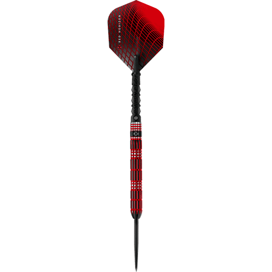 HA33577_Harrows_Red_Horizon_Steeldarts_1 Auf dem Bild ist ein Steeldartpfeil mit rotem und schwarzem Design zu sehen. Die Spitze, der Schaft und das Flight zeigen ein modernes, geometrisches Muster.