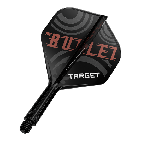 System wałów lotniczych Target K-Flex Stephen Bunting No2 Standard Das Bild zeigt einen schwarzen Dartpfeil mit der Aufschrift „THE BULLET“ und „TARGET“ auf den Flügeln. Die Flügel haben ein modernes, kreisförmiges Design in Grau und Rot.
