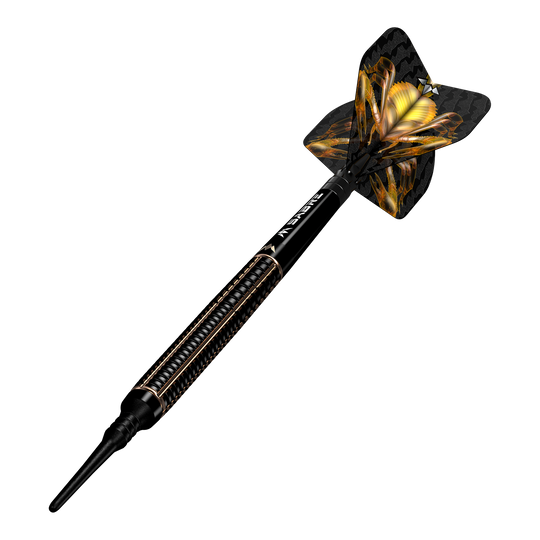 Das Bild zeigt einen Mission Scorpion Softdart mit einem Gewicht von 19 Gramm. Der Dartpfeil ist schwarz-gold gestaltet und hat ein auffälliges Flight-Design.
