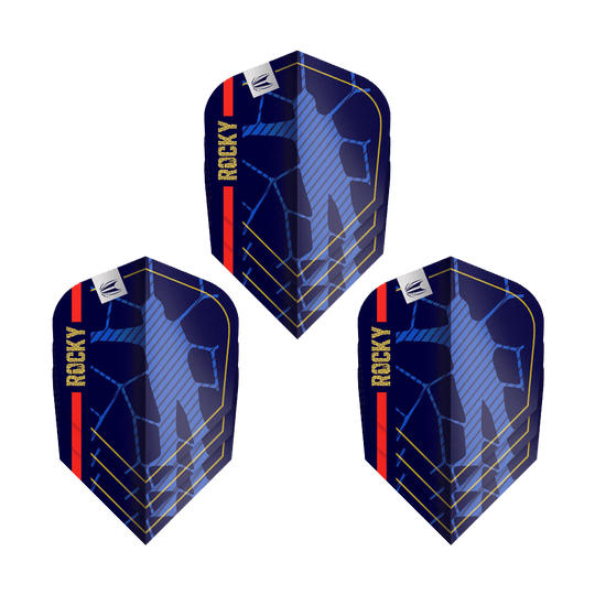 Lotki Target Pro Ultra Josh Rock GEN1 Ten-X - 3 zestawy Das Bild zeigt drei Sets der "Target Pro Ultra Josh Rock GEN1 Ten-X Flights". Die Flights sind dunkelblau mit gelben und roten Akzenten und dem Schriftzug "ROCKY".