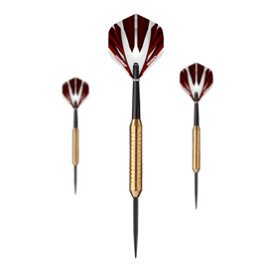 Winmau Broadside Brass Steeldarts - 22g Das Bild zeigt drei Winmau Broadside Brass Steeldarts mit einem Gewicht von 22 Gramm. Die Darts haben goldfarbene Griffe und schwarz-rote Flights.