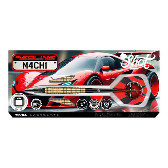 Miękkie lotki Shot Redline Mach 1 - 20g Das Bild zeigt die Verpackung der "Shot Redline Mach 1 Softdarts - 20g". Auf der Packung ist ein roter Sportwagen zusammen mit einem abgebildeten Softdart-Pfeil zu sehen.