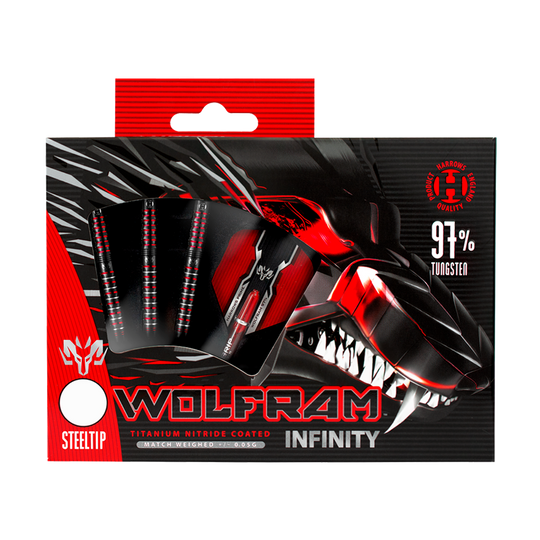HA16990-Harrows-Wolfram-Infinity-97-Tungsten-Steeldarts-3 Auf dem Bild ist die Verpackung der "Harrows Wolfram Infinity 97% Tungsten Steeldarts" zu sehen. Das Design ist schwarz-rot und zeigt einen stilisierten Drachenkopf sowie die Darts mit Stahspitzen.