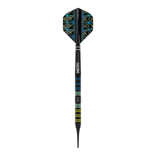 Das Bild zeigt einen Red Dragon Dragonfly 95 Black Parallel Softdart mit einem Gewicht von 20g. Der Dartpfeil ist schwarz mit farbigen Ringen und hat ein modernes, geometrisches Flight-Design.