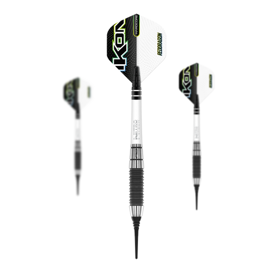 Das Bild zeigt drei Softdarts des Modells „Red Dragon Ikon 2“ mit 20 Gramm Gewicht. Die Darts haben weiße und schwarze Flügel mit modernem Design und einer schwarzen Spitze.