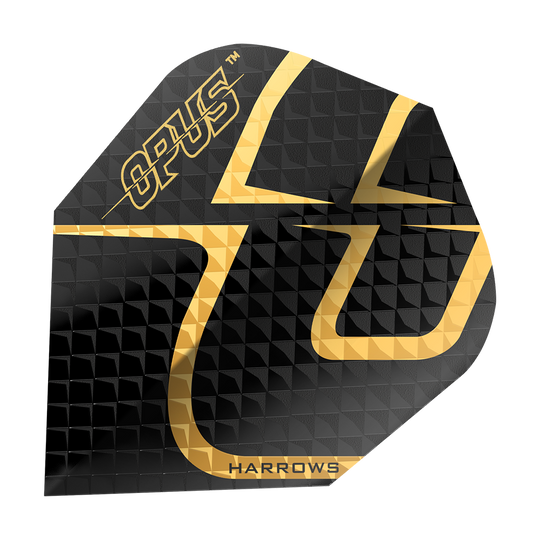 Opus Harrowa Wersja 2 Loty Das Bild zeigt das Produkt "Harrows Opus Version 2 Flights". Die Darts-Flight ist schwarz mit einem goldenen Muster und dem Schriftzug "OPUS" und "HARROWS".