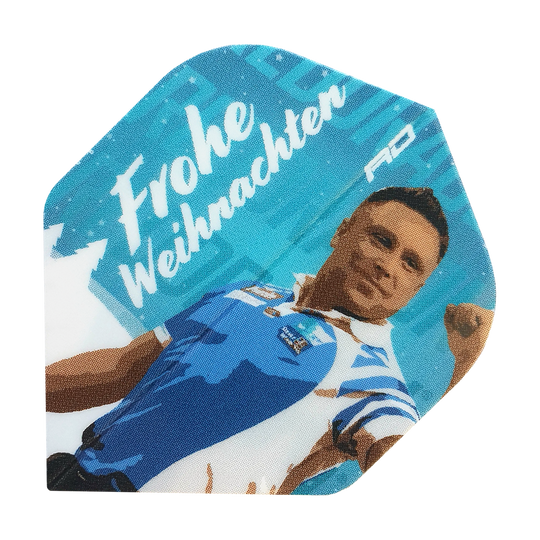 WF-8_Red_Dragon_Merry_Christmas_Flights_Gerwyn_Price_Blue_1Kqth51WVQQWFY Das Bild zeigt ein Dart Flight mit dem Motiv von Gerwyn Price in blauer Kleidung. Oben steht der Schriftzug "Frohe Weihnachten" auf dem Flight.