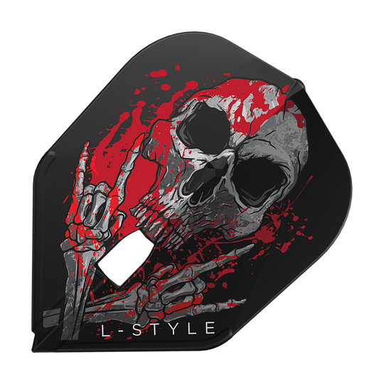 Das Bild zeigt das Produkt "L-Style Ryan Searle V3 L3PRO Black Flights". Auf dem Flight ist ein Totenkopf mit roten Farbklecksen und skelettierten Händen abgebildet.