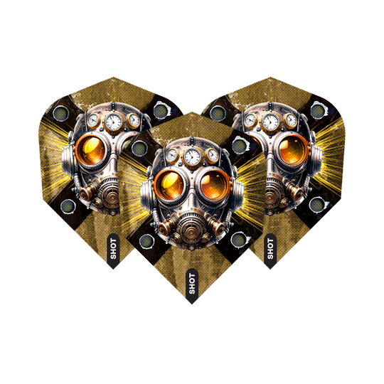 Hier ist das Produkt Shot Badlands The Sherriff No6 Flights abgebildet. Man sieht spezielle Dart-Flights mit individuellem Muster.