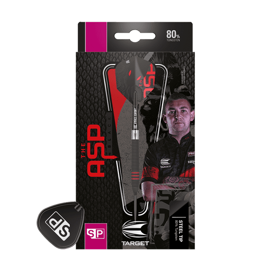 Auf dem Bild ist eine Verpackung für Steeldarts der Marke Target zu sehen. Auf der Verpackung steht „The ASP Black“ und zeigt einen Dartspieler sowie einen einzelnen Dartpfeil.