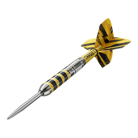 Stalowe lotki Target Buzz 01 Swiss Points Das Foto zeigt Target Buzz 01 Swiss Points Steeldarts. Sie bieten eine gute Griffigkeit und Präzision beim Wurf.