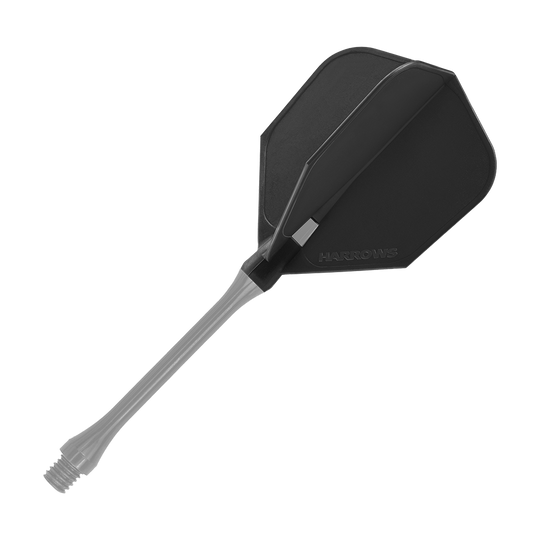 HRC-100_Harrows_Clic_Standard_Flight_Black_2 Das Bild zeigt ein schwarzes Harrows Clic Standard Flight für Darts. Das Flight ist komplett schwarz und besteht aus einem Stück mit dem Shaft.