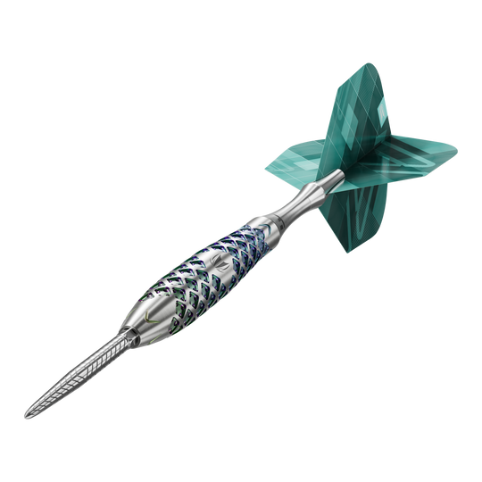 Stalowe lotki Target Rove 02 Swiss Point Das Bild zeigt einen Target Rove 02 Swiss Point Steeldart. Der Dartpfeil hat ein silbernes, strukturiertes Barrel und grüne Flights.