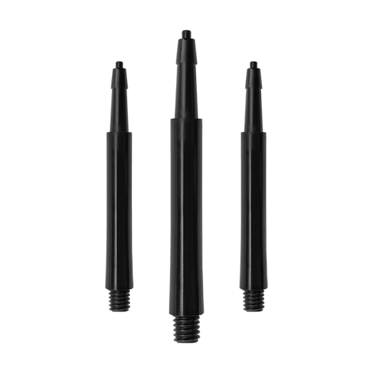 HRC12626_Harrows_Clic_Standard_Shafts_Schwarz_30mm_1 Das Bild zeigt drei schwarze Harrows Clic Standard Shafts. Diese Schäfte sind für den Einsatz bei Darts bestimmt.