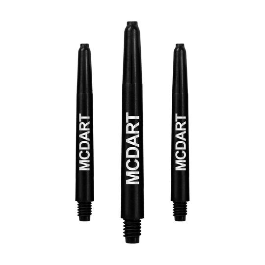 Auf dem Bild sind drei schwarze Nylon-Dartschäfte zu sehen. Auf jedem Schaft steht das Wort "MCDART" in weißer Schrift.