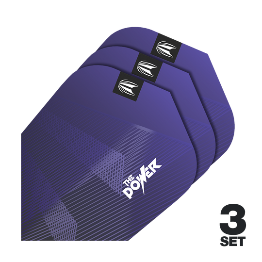 Lotki Target Pro Ultra Phil Taylor Power GEN10 Ten-X - 3 zestawy Das Bild zeigt drei Sätze lila Dart-Flights mit der Aufschrift "The Power". In der unteren rechten Ecke steht "3 Set".