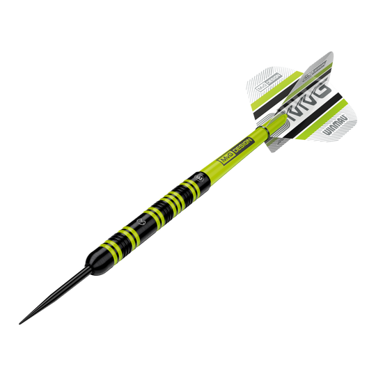 Stalowe rzutki Winmau Michael Van Gerwen 85 Pro-Series Das Bild zeigt einen Winmau Michael Van Gerwen 85 Pro-Series Steeldart. Der Dart hat ein auffälliges Design mit schwarzen und leuchtend grünen Akzenten sowie einem MVG-Logo auf den Flights.