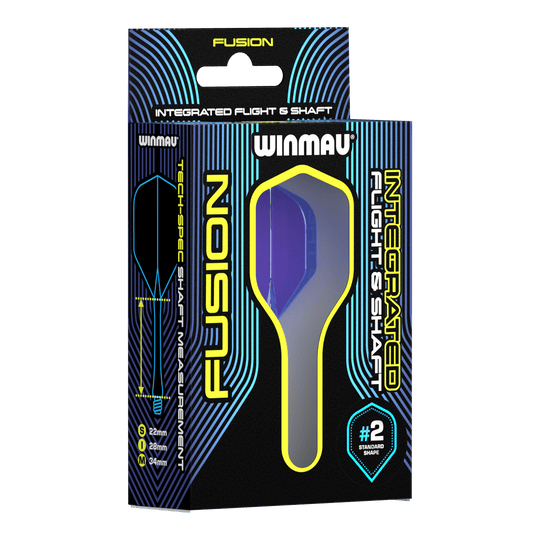 System wałów lotniczych Winmau Fusion Standard Blue Auf dem Bild ist eine Verpackung des Winmau Fusion Integrated Flight & Shaft Systems zu sehen. Die abgebildete Variante ist blau und hat eine Länge von 22 mm (#2 Standardform).