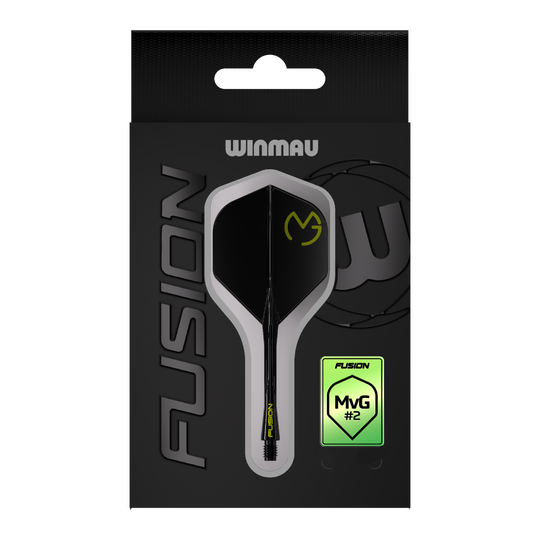 Das Bild zeigt die Verpackung des Winmau Fusion Flight-Shaft-Systems Michael Van Gerwen Pacman Nr. 2 Standard. Das Produkt ist schwarz mit gelben Akzenten gestaltet und trägt das MVG-Logo.