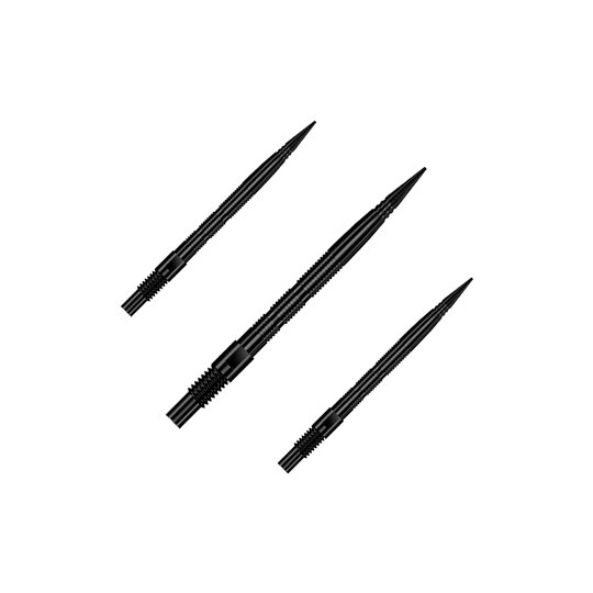 Końcówki do lotek Harrows Quick Point Micro Ridge – czarne Das Bild zeigt ein Set aus schwarzen Dartspitzen mit Rillen. Dieses Zubehör wird für Dartpfeile verwendet.