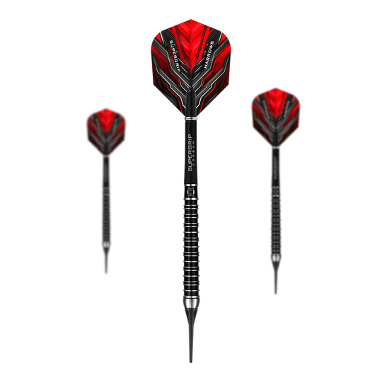 Lotki Harrows Supergrip Ultra miękkie Das Bild zeigt drei Harrows Supergrip Ultra Softdarts mit roten Flights und schwarzem Schaft. Die Darts haben ein modernes, sportliches Design mit silbernen Ringen am Griff.