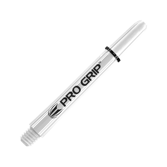 Uchwyty Target Pro Grip - 3 zestawy - białe Dies ist ein weißer Pro Grip Dart-Schaft mit schwarzer Beschriftung. Er hat ein schlankes Design und ist mit einem Pro Grip Logo versehen.
