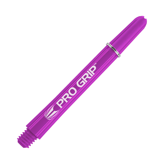 Wałki Target Pro Grip - 3 zestawy - fioletowe Das Bild zeigt einen lilafarbenen Dart-Schaft mit der Aufschrift "Pro Grip". Der Schaft ist 48 mm lang und hat ein glänzendes, glattes Design.