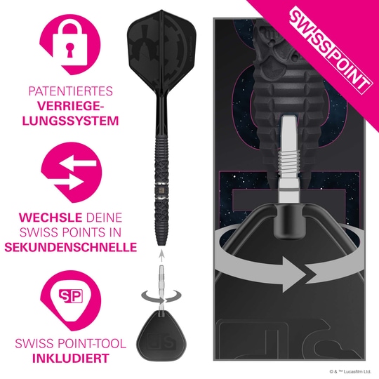 Dieses Bild zeigt die Target Star Wars Darth Vader 95 Swiss Point Steeldarts. Die Darts sind im Star Wars Design mit Darth Vader-Motiv gestaltet.