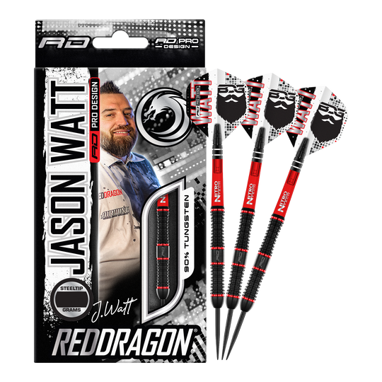 Rzutki stalowe Red Dragon Jason Watt - 22g Das Bild zeigt das Produkt "Red Dragon Jason Watt Steeldarts - 22g" in seiner Verpackung. Rechts daneben sind drei Steeldarts mit schwarzem und rotem Design zu sehen.