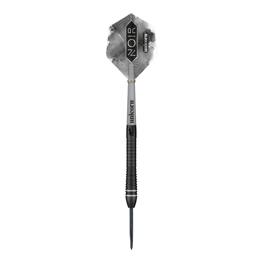 Mistrz Świata Jednorożców Gary Anderson Noir Phase 6 Steeldarts Das Bild zeigt einen Steeldart der Marke Unicorn, Modell "World Champion Gary Anderson Noir Phase 6". Der Dart ist überwiegend schwarz und silber und trägt die Aufschrift "NOIR" auf dem Flight.