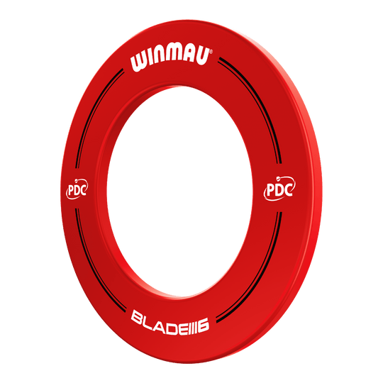 Obudowa tarczy do darta Winmau PDC – czerwona Das Bild zeigt einen roten Winmau PDC Dartboard Surround. Auf dem Ring stehen die Wörter "Winmau", "PDC" und "Blade 6".