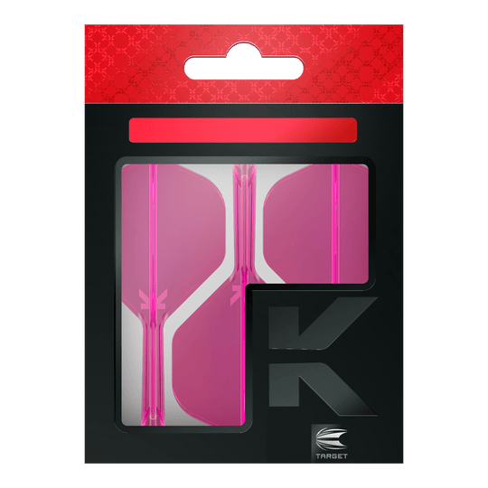 Das Bild zeigt eine Packung mit pinkfarbenen Dart-Flights der Marke Target. Die Verpackung ist überwiegend schwarz mit einem roten oberen Abschnitt.
