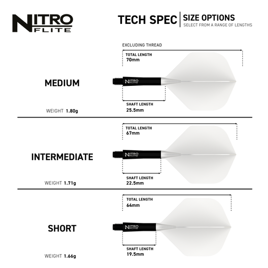 Hier sieht man das Produkt Red Dragon Nitroflite Black Shaft White Flights No2. Diese Dart-Zubehörteile haben einen schwarzen Schaft und weiße Flights.