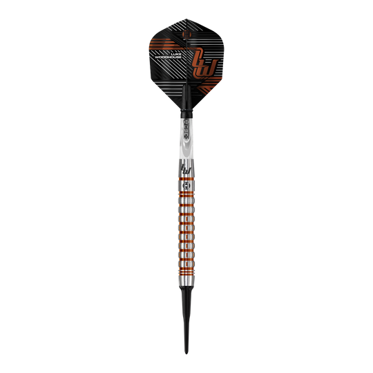 Das Bild zeigt den Harrows Luke Woodhouse Series 2 Softdart mit einem Gewicht von 18g. Der Dartpfeil hat ein modernes, silber-orangenes Design mit schwarzen Akzenten.