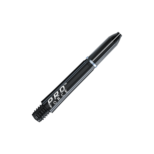 Das Bild zeigt einen schwarzen Winmau Pro-Force Shaft für Darts. Auf dem Produkt steht der Schriftzug "PRO FORCE" in weißen Buchstaben.