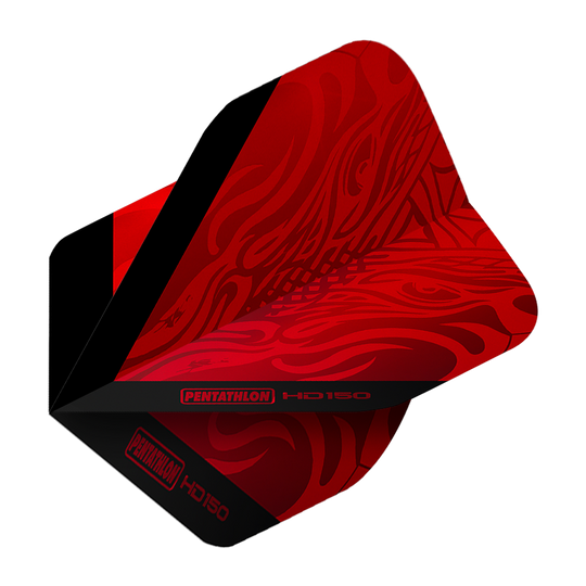 Pentathlon HD150 Metallic Red Standard Flights Das Bild zeigt einen roten Dartflight mit schwarzem Streifen und Mustern. Auf dem Flight steht "Pentathlon HD150".