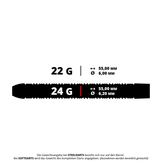 Das Bild zeigt ein Set Steeldarts namens M002154 Mission Kinsuji, 24 Gramm. Die Darts sind für das Dartspiel geeignet.